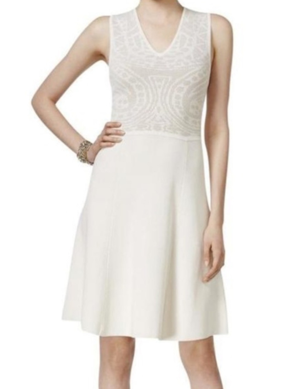 Anne Klein Ivory V-Neck Knit Fit & Flare Dress Small EUC